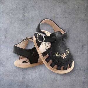 Black Baby Sandals with Floral Embroidery